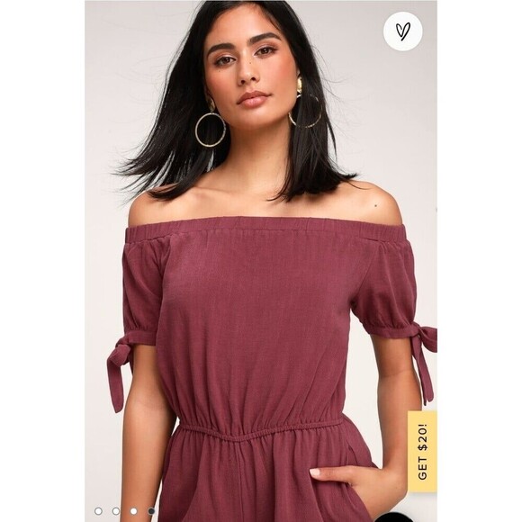 2 for $20 Lulus Georgiana Washed Burgundy Off-the-Shoulder Romper Size XS - Picture 3 of 9
